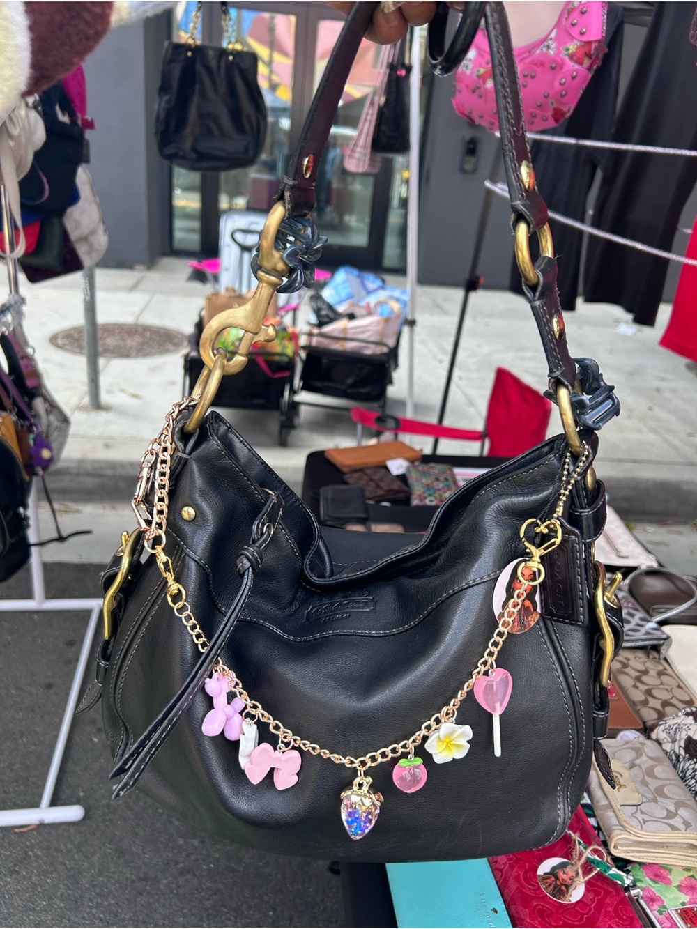 Black coach Leather Carly Women’s Hobo Bag with Charm Chain